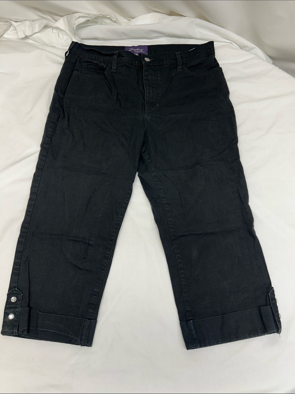 NYDJ Black Ankle Crop Jeans with Rhinestone Button-Tab Cuffs Size 14